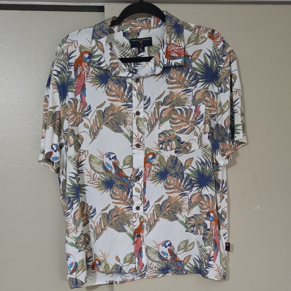 Margaritaville Parrot and Foliage Men's  Print Shirt Size Large